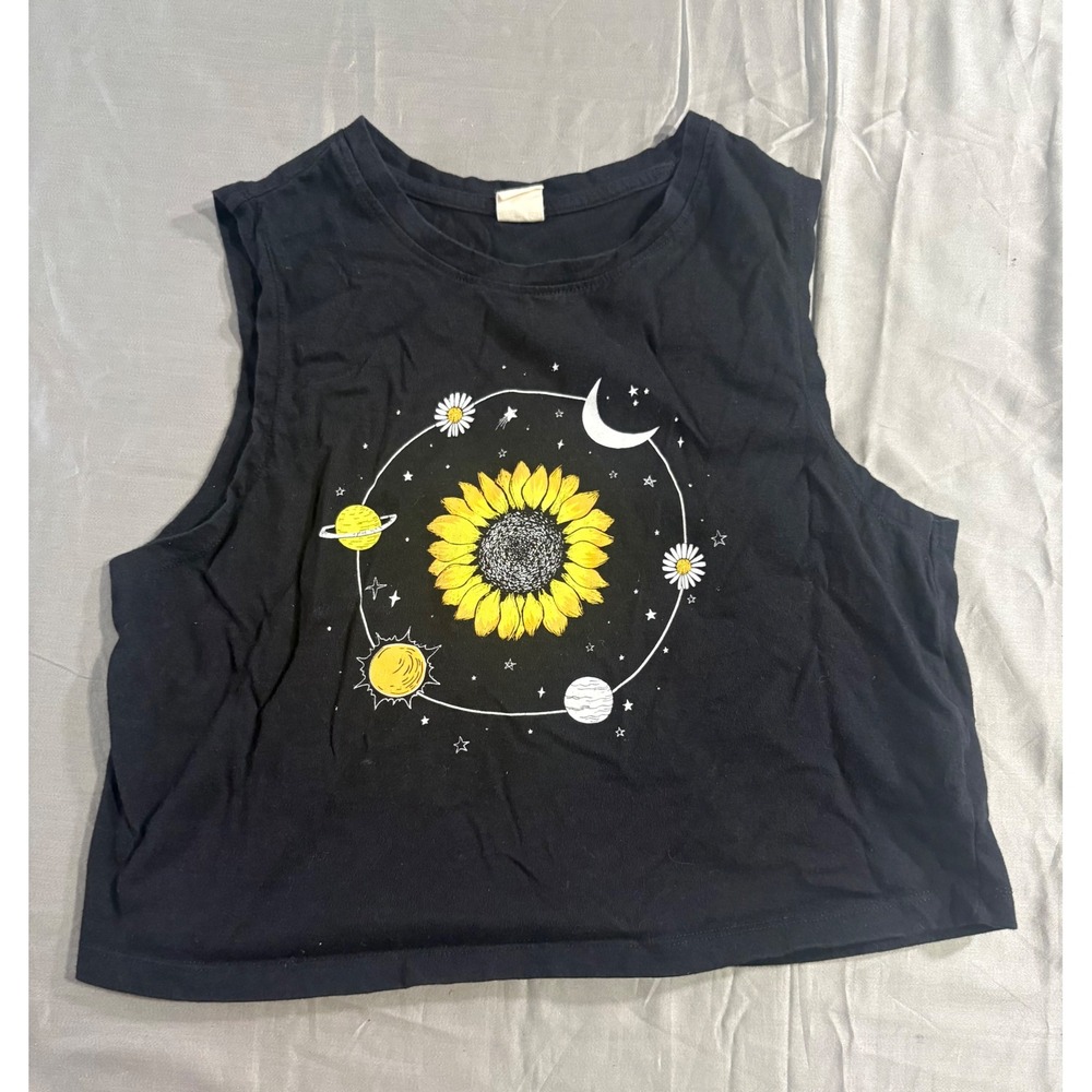 Vibe N Sunflower Celestial Moon Planet Crop Top Muscle Tank Black Large
